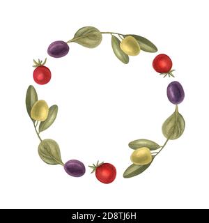 Watercolor round frame with herbs, olives, and, tomato. Hand-drawn floral illustration with space for text. For invitations, greeting cards, posters. Stock Photo