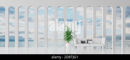 Modern Concept interior design of white living room with a sea view, 3d Render 3d illustration Stock Photo