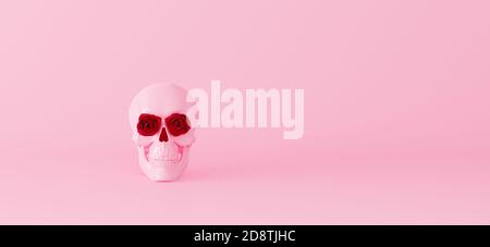 Pink skull with rose flowers instead of eyes. Minimal romantic love concept on pink background 3d render 3d illustration Stock Photo
