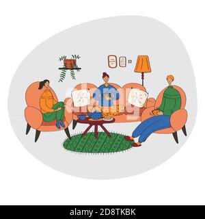 Family drink tea coffee together. Have a nice weekend with friends. Hygge concept. Cute flat vector illustration Stock Vector