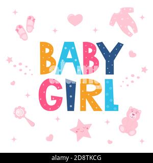 Baby shower card for girls. It's a girl card. Vector invitation with lettering Baby Girl and cute baby things. Print, clothes, card, children's room d Stock Vector