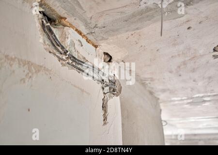 Installation of junction box, high voltage. Professional draft electrical wiring in house or apartment during repair. Concept distribution of Stock Photo