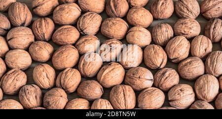 Whole brown walnuts with shell. Autumn food background. Stock Photo