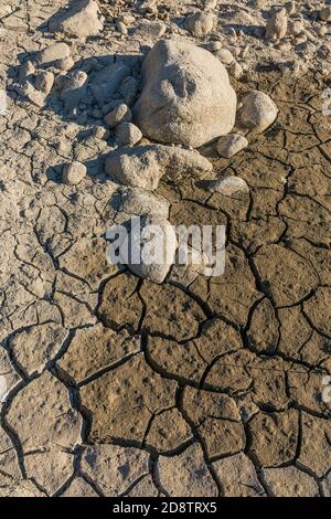 Dryed, cracked, mud flats in the Santa Ynez riverbed. Stock Photo