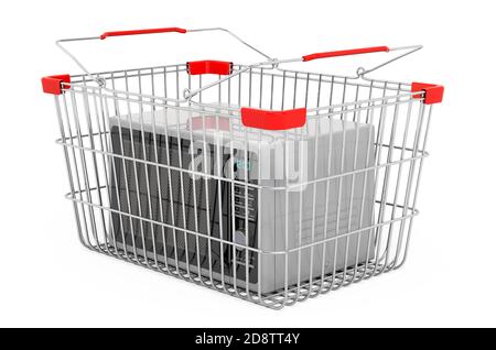 Microwave oven inside shopping basket, 3D rendering isolated on white background Stock Photo