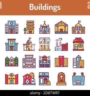 Building color line icons set. Isolated vector element. Stock Vector