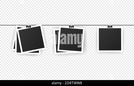 Blank instant photo frame set hanging on a clip.Realistic detailed photo icon design template. Black empty vintage photo frames templates. Vector Stock Vector