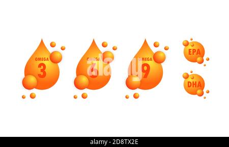 Omega acids. EPA, DHA drops set. Omega three, six and nine. Organic Vitamin. Fish oil gold capsule. Golden drops. Vector on isolated white background Stock Vector