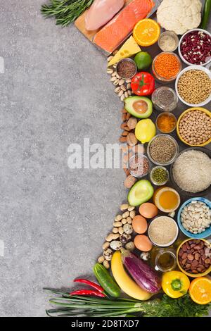 Balanced nutrition, assortment of eco products, sources of nutrients Stock Photo