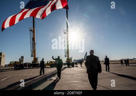 Goodyear, United States Of America. 28th Oct, 2020. President Donald J. Trump departs Lux Air Jet Center Inc. in Goodyear, Ariz. Wednesday, Oct. 28, 2020, en route to Air Force One at Goodyear Airport. People: President Donald Trump Credit: Storms Media Group/Alamy Live News Stock Photo