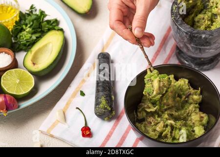 recipe, guacamole salsa verde, salsa chips, cheesy sauces, creamy avocado dip, sauce ingredients, tortilla chips Stock Photo