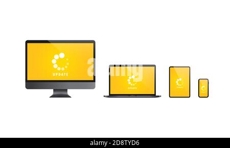Devices system update set. Installing updates for computer, laptop, tablet and smart phone. Vector on isolated white background. EPS 10 Stock Vector