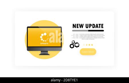 New update for computer banner. System software update and upgrade concept. Loading process in monitor screen. Vector on isolated white background Stock Vector