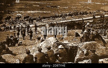 A press photograph of Black Watch Regimental pipers playing a victory celebration for the troops after the Battle of Longueval.  185 Black Watch soldiers died between the 13th and 19th of July 1916 at the Battle of Longueval, (part of the battle of the Somme). The objective of the battle was to take the high ground of Bazentin Ridge, between Bazentin le Grant and the fortified village of Longueval. It was near here on Friday, 15 September 1916, that the New Zealand Division joined the Battle of the Somme Stock Photo