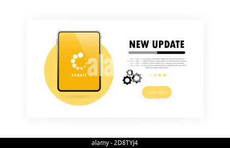 System upgrade for tablet banner. Updating progress with gears. Vector on isolated white background. EPS 10 Stock Vector