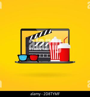 Cinema time banner. Popcorn bowl, film strip and tickets, film glasses. Vector on isolated background. EPS 10 Stock Vector