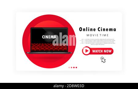Online cinema banner. Movie time. Video and film streaming with device at home concept. On the laptop screen. Vector on isolated white background. EPS Stock Vector