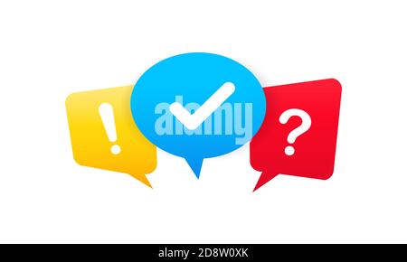 Check mark, question mark and exclamation mark. Colored speech bubble sign. Vector on isolated white background. EPS 10 Stock Vector