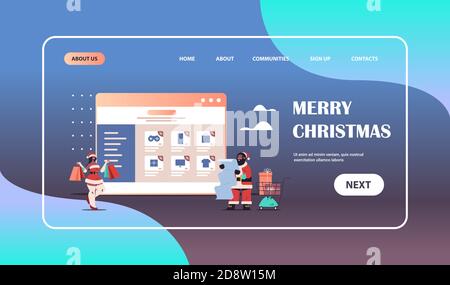 african american man woman in santa claus costumes choosing purchases in web browser window online shopping new year merry christmas holidays concept full length horizontal copy space vector illustration Stock Vector