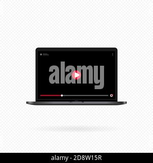 Laptop with video player on screen. Video content, blogging. Social media concept. Mockup video channel. Vector on isolated white background. EPS 10 Stock Vector