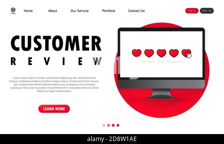 Customer review on computer banner. Giving five star feedback. Clients choosing satisfaction rating and leaving positive review. Vector on isolated Stock Vector