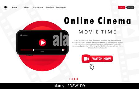 Online cinema banner. Movie time. Watching film at home on your phone. Vector on isolated white background. EPS 10 Stock Vector