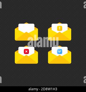 Opened envelope and document with check mark, cross mark and exclamation mark. Vector on isolated background. EPS 10 Stock Vector