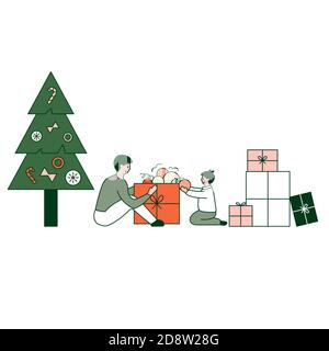 Father and son preparing gifts . Gifts under christmas tree. Vector illustration in flat design style. New year 2021 Stock Vector