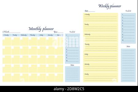 Two planners - weekly, monthly. To-do list, goals, notes template. A sheet of paper with a place for notes. Business organizer. Vector illustration. Stock Vector