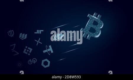 Concept Bitcoin is flying ahead altcoins. Leader of cryptocurrencies ahead of other coins. Vector illustration. Stock Vector