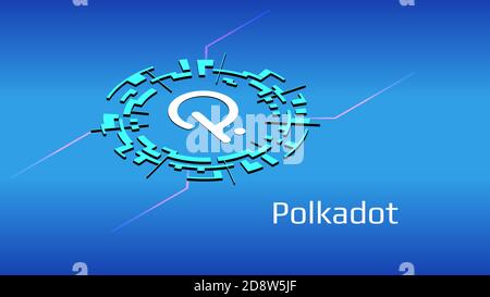 Polkadot DOT isometric token symbol in digital circle on blue background. Cryptocurrency icon. Vector illustration for website or banner. Stock Vector