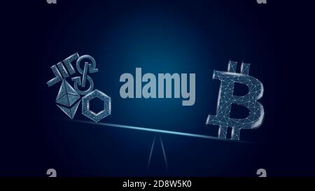 Vector illustration concept Bitcoin advantages over altcoins on a dark blue background. BTC on the scales outweighs a bunch of different coins. Wirefr Stock Vector