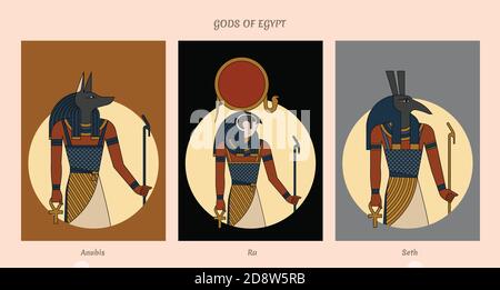 Set collection gods of Egypt Anubis, Ra, Seth isolated in background. Hand drawn. EPS 10 Stock Vector