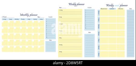 Planners package - weekly, monthly, weekly meal plan, to-do list, goals, note template. Business organizer. Stationery for planning. Vector Stock Vector