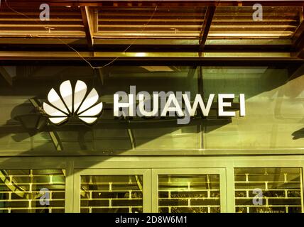 ROTTERDAM : Huawei company logo. Huawei Technologies Co. is a Chinese multinational networking and telecommunications equipment and services company Stock Photo