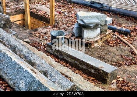 close-up of a construction road site with big stone blocks Stock Photo