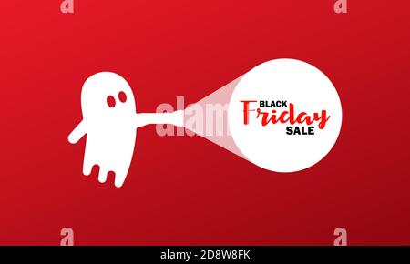 Black friday sale for Halloween banner. Ghost with a flashlight. Cheap price. Vector on isolated background. EPS 10 Stock Vector