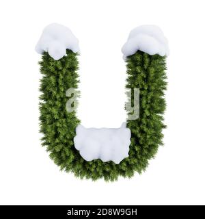 Christmas alphabet ABC character letter U font with snow. Christmas tree branches capital letters decoration type. Highly realistic 3d rendering illus Stock Photo