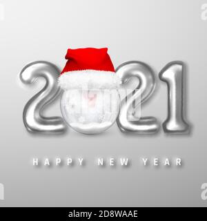 Happy New Year 2021 cover. Silver helium balloon numbers 2021 and xmas snow ball with santa hat on light gray background. Vector illustration. Stock Vector