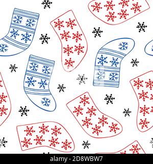 Christmas stocking seamless pattern simple hand drawn in doodle style vector outline illustration for greeting cards, textile, gift paper, family gatherings winter holidays, wintertime festive period Stock Vector