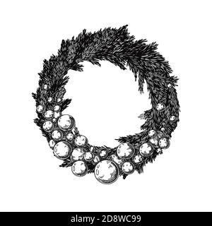 Christmas wreath from branches isolated on a white background. Sketch, illustration by hand drawn Stock Vector