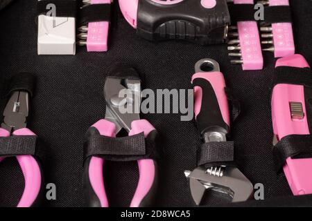 Home master's toolkit with pink handles Stock Photo