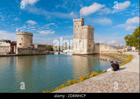France, Charente-Maritime (17), La Rochelle, Vieux port, two old towers : Tour de la Chaine and Tour Saint Nicolas Stock Photo