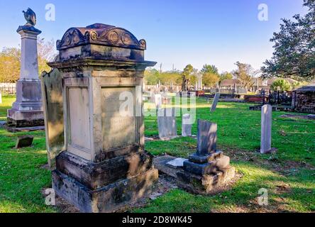 Headstones stand in Church Street Graveyard, Oct. 31, 2020, in Mobile, Alabama. The cemetery was founded in 1819. Stock Photo