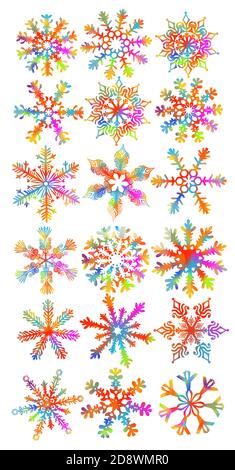 Set of rainbow snowflakes. A multi-colored abstraction of a snowflake. Merry Christmas. Mixed media. Vector illustration Stock Vector