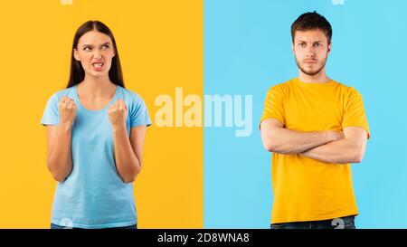 Portrait of offended man and angry woman Stock Photo