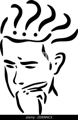 Man in thinking pose with questions inside head trying to find decision to solve problem Stock Vector