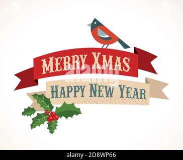 Merry Christmas and Happy New Year greeting card template with robin and mistletoe  Stock Vector