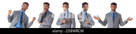 Set of young business man portraits doing different gestures isolated on white background Stock Photo