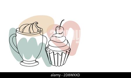 Cupcake with a cherry in a linear style. Stock Vector